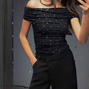 Rachel Zoe Rhinestone Studded Black Off Shoulder Top NWT